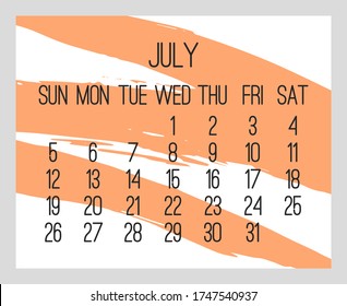 Julio año 2020 vector calendario mensual moderno. Diseño contemporáneo del trazo de pincel naranja dibujado a mano sobre fondo blanco. Semana a partir del domingo.