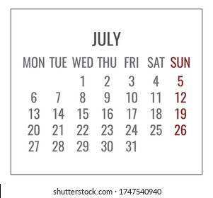 July year 2020 vector monthly plain minimalistic white calendar. Week starting from Monday.