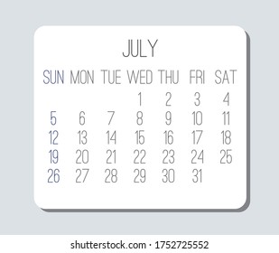 July year 2020 vector monthly plain minimalist light gray calendar. Week starting from Sunday.