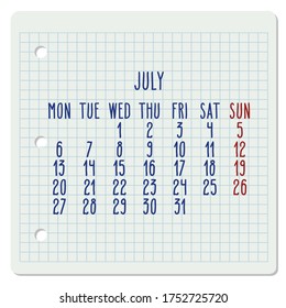 July year 2020 vector monthly calendar on a squared notebook page. Hand written chequered note pad sheet typography. Week starting from Monday.