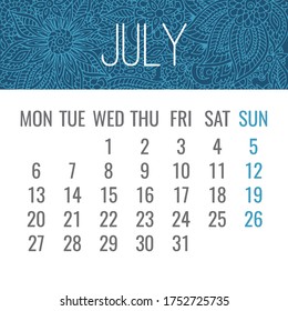 July year 2020 vector monthly calendar with lacy doodle ornate hand drawn blue and white design. Week starting from Monday.