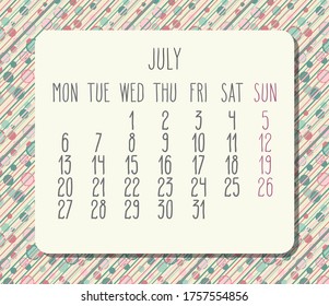 Calendario mensual de vectores de julio de 2020. Semana a partir del lunes. Tapones de color pastel y diseño de rayas de luz.