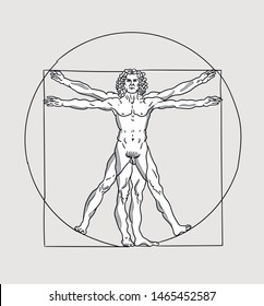 July.30, 2019: Vector illustration hand drawn. The Vitruvian Man by Leonardo da Vinci.