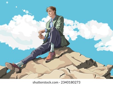 July,31,2023 A vector illustration of a young man sitting on the rock with bright blue sky and white clouds behind him