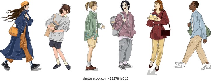 July,6,2023 A vector illustration of a girl in a hat and a long coat, girls in glasses with books, a boy with a backpack, a woman with coffee, a boy with a big shopper  