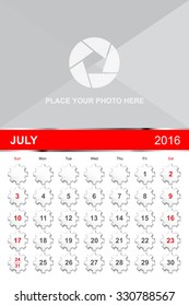 July.Calendar for 2016 Year. Vector Gears Design Print Template