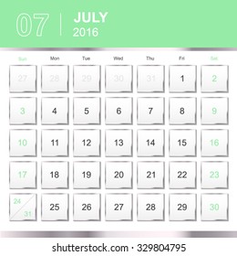 July.Calendar for 2016 Year. Vector Silver Design Print Template