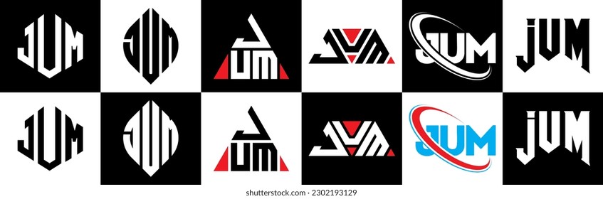 JUM-Brief-Logo-Design in sechs Stilen. JUM Polygon, Kreis, Dreieck, Hexagon, flacher und einfacher Stil mit schwarz-weißem Farbänderungslogo in einer Zeichenfläche. JUM-minimalistisches und klassisches Logo