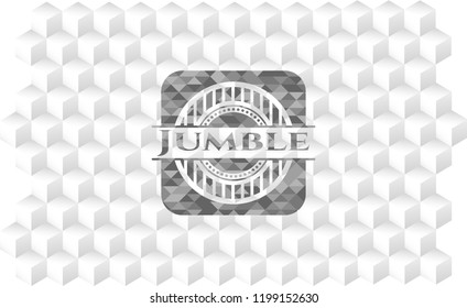 Jumble grey badge with geometric cube white background