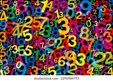 Jumbled colorful numbers, over black. Twisted, randomly distributed numerals from one to zero and of different sizes and angles, in rainbow colors. Symbol image for numerology or a lot of data. Vector