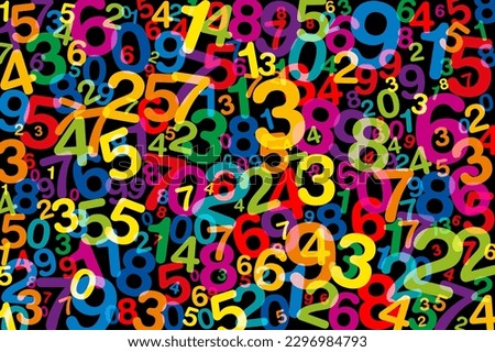Jumbled colorful numbers, over black. Twisted, randomly distributed numerals from one to zero and of different sizes and angles, in rainbow colors. Symbol image for numerology or a lot of data. Vector