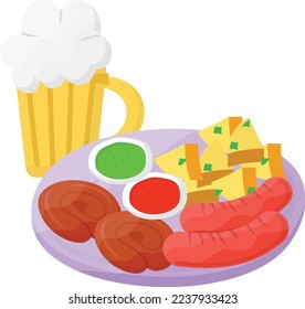 Jumbo Hot Dog Curd Cheese Plate concept, Oktoberfest Sausage Platter vector icon design, Fast Food symbol, Junk food sign, popular inexpensive good taste snacks stock illustration 