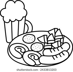 Jumbo Hot Dog Curd Cheese Plate outline concept, Oktoberfest Sausage Platter vector design, Fast Food hand draw symbol, Junk food sign, english american cuisine stock illustration