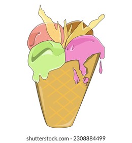 Jumbo ice cream vector design with 3 flavors and spiky solid caramel as decoration