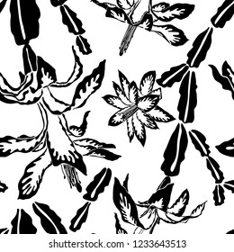 Jumbo large scale blooming Christmas cactus black and white seamless pattern
