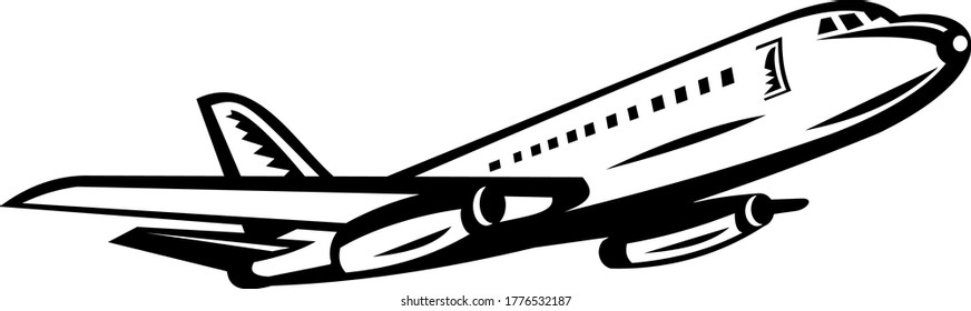 Jumbo Passenger Jet Airliner Taking Off Side Retro Black and White