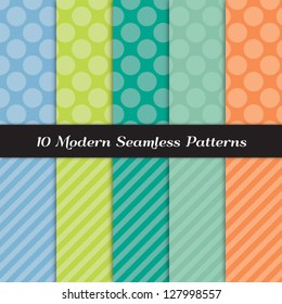 Jumbo Polka Dot and Diagonal Stripes Patterns in 5 Pantone 2013 colors of the year: Dusk Blue, Tender Shoots, Emerald Green, Grayed Jade and Nectarine.