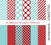 Jumbo Polka Dot, Gingham and Diagonal Stripes Patterns in Aqua Blue, Dark Red and White. Pattern Swatches with Global Colors. Matches my other "Modern Christmas Backgrounds" Image ID: 121350391.