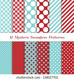 Jumbo Polka Dot, Gingham and Diagonal Stripes Patterns in Aqua Blue, Dark Red and White. Pattern Swatches with Global Colors. Matches my other "Modern Christmas Backgrounds" Image ID: 121350391.