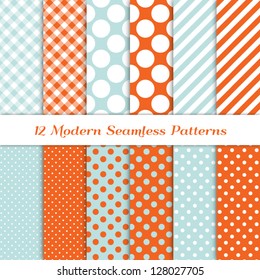 Padrões Jumbo de Bolinhas, Gingham e Riscas Diagonais em Azul Aqua, Coral Laranja e Branco. Amostras de padrão com cores globais. Corresponde aos meus outros pacotes de padrão ID da imagem: 121349323.