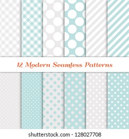 Jumbo Polka Dot, Gingham and Diagonal Stripe Patterns in Aqua Blue, White and Silver. Pattern Swatches with Global Colors. Matches my other "White Christmas Backgrounds" Image ID: 118541659; 147772760