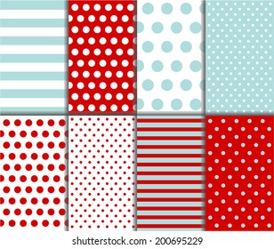 Jumbo Polka Dot, Gingham and Diagonal Stripes Patterns in Aqua Blue, Dark Red and White. Pattern Swatches with Global Colors. Abstract vector background