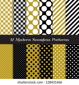 Jumbo Polka Dot, Gingham and Stripes Patterns in Black, Gold and White. Classic neutral colors! Pattern Swatches made with Global Colors - easy to change all patterns in one click.