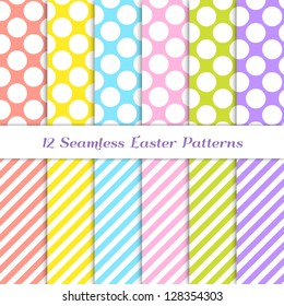 Jumbo Polka Dot and Stripes Patterns in 6 Easter colors: coral, yellow, pink, blue, grass green and purple / violet. Pattern Swatches with Global Colors - easy to change all patterns in one click.