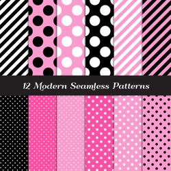 Jumbo Polka Dots, Small Polka Dots And Diagonal Stripes Patterns In Pink, Black, White And Deep Pink. Perfect For Chic Paris Or Pink Pirate Party Background. Pattern Swatches Made With Global Colors.