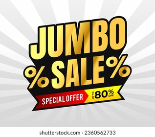 Jumbo sale vector label with ribbon icon and extrude long shadow text effect