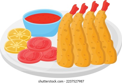 Jumbo Shrimp Meal concept, breadcrumbs coasted Buffalo Shrimps vector icon design, Fast Food symbol, Junk food sign, popular inexpensive good taste snacks stock illustration 