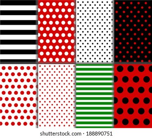 Puntos Jumbo y Pequeños de Polka y Patrones Diagonales en Rojo, Negro, Blanco y Verde Profundo. ilustración de arte vectorial