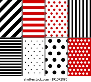 Jumbo and Small Polka Dots and Diagonal Stripes Patterns in Red, Black and White color. Pattern Swatches made with Global Colors. Vector background