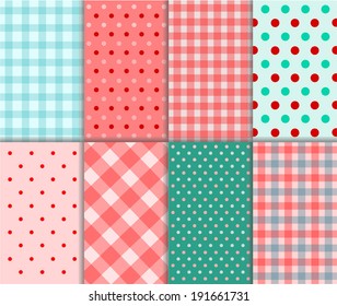 Jumbo and Small Polka Dots and Diagonal Stripes Patterns in red, aqua blue, green and white color. Pattern Swatches made with Global Colors. Vector background illustration