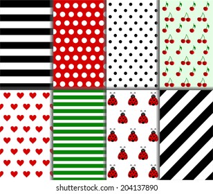 Jumbo and Small Polka Dots and Diagonal Stripe Patterns in Red, Black, White and Deep Green. vector art image illustration 