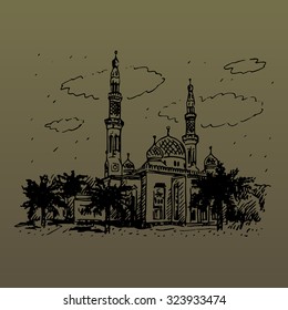 Jumeirah Mosque in Dubai, UAE. Vector hand drawn sketch.