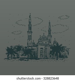 Jumeirah Mosque in Dubai, UAE. Vector hand drawn sketch.