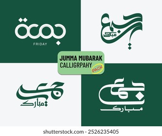 Jumma Mubarak Arabic Calligraphy in a set 4 English translation " Bless Friday", beautiful Arabic calligraphy, with green and white background, editable