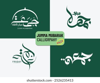 Jumma Mubarak árabe caligrafia em um conjunto 4 tradução em inglês " Bless Friday", bela caligrafia árabe, com fundo verde e branco, editável