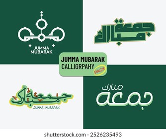 Jumma Mubarak Arabic Calligraphy in a set 4 English translation " Bless Friday", beautiful Arabic calligraphy, with green and white background, editable