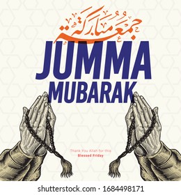 Jumma Mubarak Engraving Hand Praying  Illustration. Arabic Calligraphy translation: blessed friday