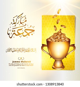 Jumma mubarak reward concept with realistic golden trophy full of gold coins. Victory prosperity success winning concept illustration