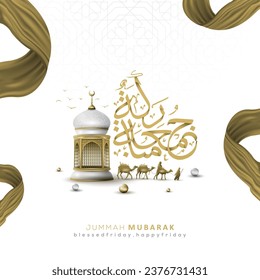 Jummah Mubarak arabischen Kalligrafie-Vektordesign mit islamischer Illustration und Laternen Hintergrund für Karte, Abdeckung, Tapete, Banner, Flyer, Dekoration, Poster. Übersetzung von Text: BLESTER FREITAG