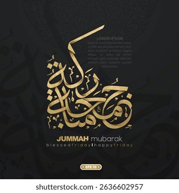 Jummah Mubarak Beautiful Glowing Gold Arabic Calligraphy Background Vector Design. Translation Of Text : BLESSED AND HAPPY FRIDAY