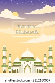 Jummah Mubarak glowing  with mosque pattern vector design, cloud and sunset. also can used for card, background, banner and cover. Blessed Friday