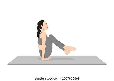 Jump Back Jump Through. Beautiful girl practice Jump Back Jump Through. Young attractive woman practicing yoga exercise. working out, black wearing sportswear, grey pants and top, indoor full length