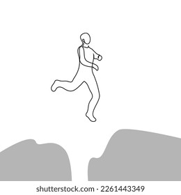 jump between rocks - one line drawing vector. concept of a man in full growth in a jump over an abyss