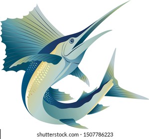 Jump Blue Marlin Sword Sail Fish Vector Illustration