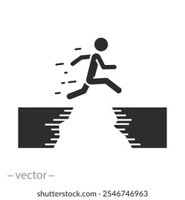 Saltar la barrera de la carrera, hombre saltando a través del icono de la brecha montañosa, obstáculo del desafío de la vida, alto acantilado y coraje de la gente, riesgo de misión empresarial, Ilustración vectorial plana