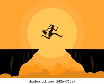 jump cliff vector. Overcome every obstacle. Confident businesswoman vector